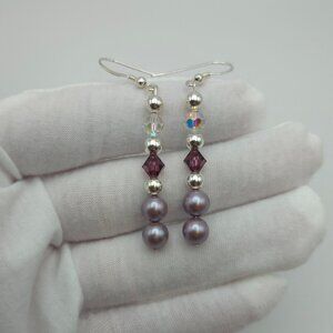 925 Sterling Silver Faux Light Purple Pearl Earrings